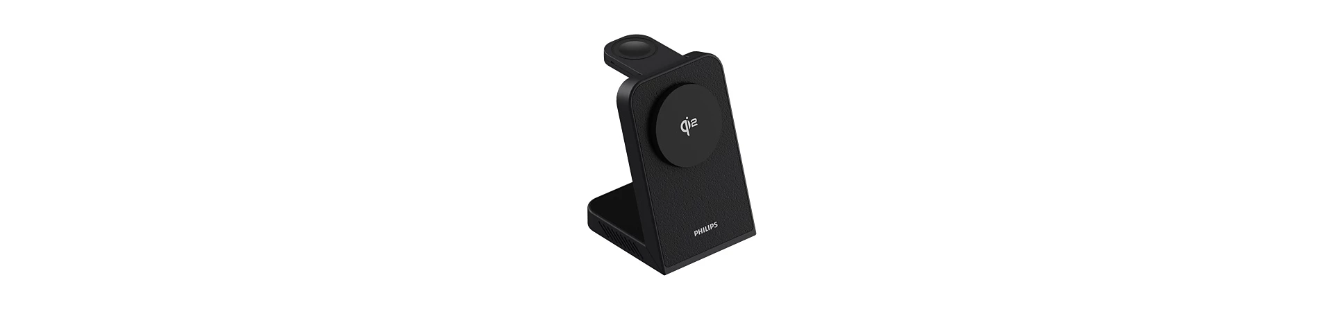 Siyah kablosuz şarj standı. Dairesel bir şarj pedi ve bir telefon dayanağına sahiptir. 'Philips' marka adı görünür.