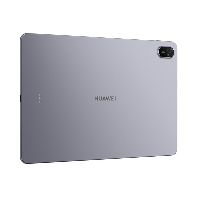 Ein graues Huawei-Tablet. Die Rückseite hat eine Kamera, den Markennamen und einige kleine Lichter. Das Gerät ist leicht angewinkelt.