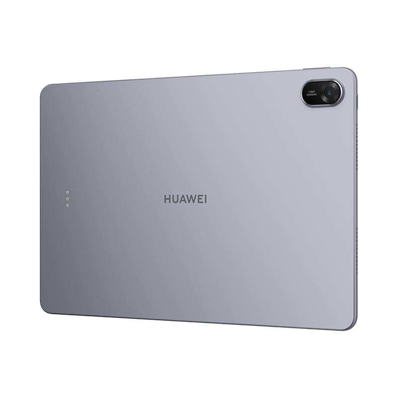 Graues Huawei-Tablet. Es hat eine Kamera oben rechts, das Huawei-Logo und drei Punkte auf der linken Seite.