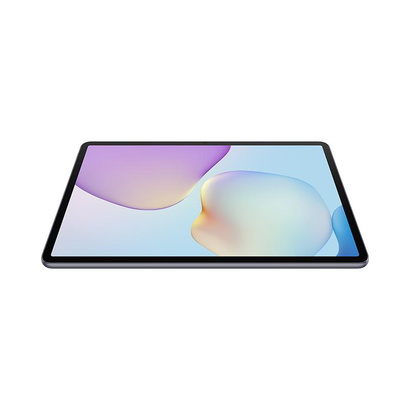 Ein Tablet auf weißem Hintergrund, der Bildschirm zeigt abstrakte Formen in Lila, Weiß und Blautönen.