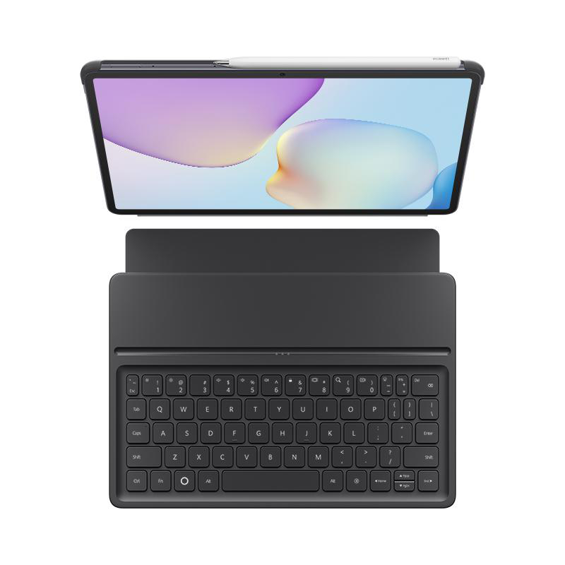 Ein Tablet mit Tastaturhülle. Der Tablet-Bildschirm zeigt ein farbenfrohes abstraktes Bild. Ein Stift ist am Tablet befestigt.