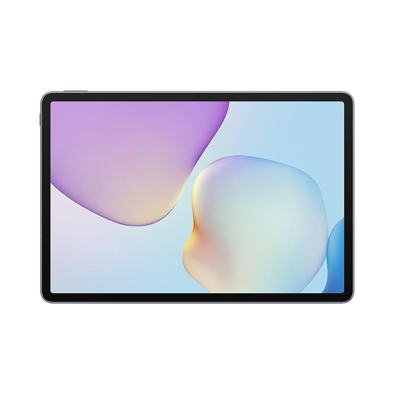 Tablet-Gerät mit schwarzem Rahmen und einem Bildschirm, der abstrakte, farbenfrohe Formen in Lila, Weiß und Blau zeigt.