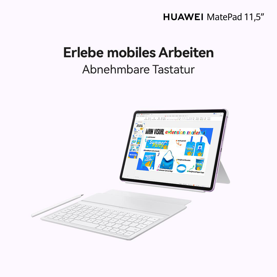 Ein Tablet mit abnehmbarer Tastatur und Stift. Auf dem Tablet wird eine Webseite angezeigt. Text oben: HUAWEI MatePad 11,5".