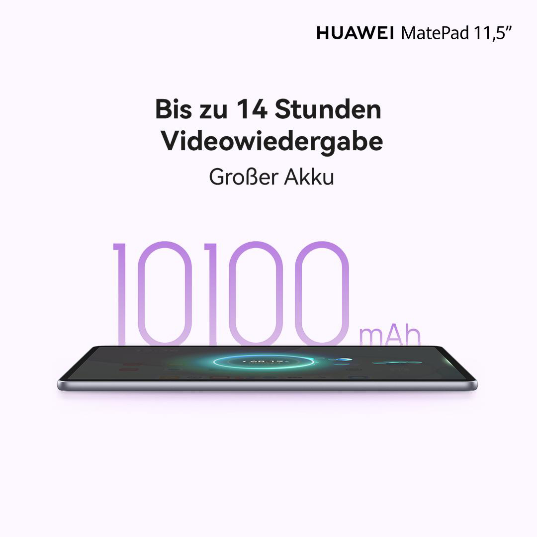Das Bild zeigt ein Tablet mit dem Text 'Bis zu 14 Stunden Videowiedergabe, Großer Akku' und '10100 mAh' auf einem Farbverlaufshintergrund.