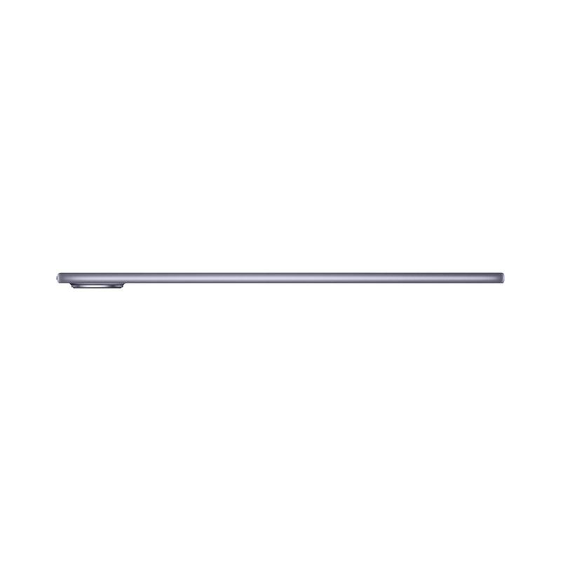 Ein schlankes, graues Tablet ist von der Seite zu sehen und liegt horizontal. Der Hintergrund ist schlicht weiß. Die Kanten und eine Kamerahöcker sind sichtbar.
