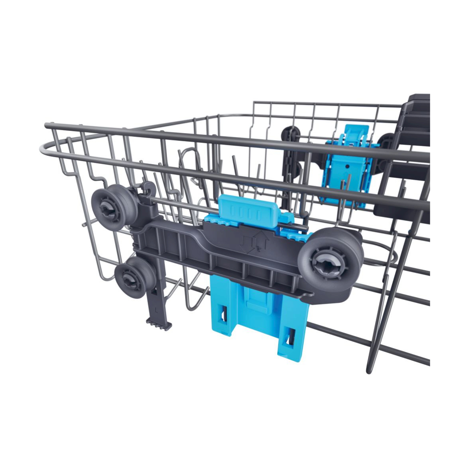 Primo piano di un cestello per lavastoviglie con componenti in plastica neri e blu. Il cestello è grigio, con ruote e clip blu.