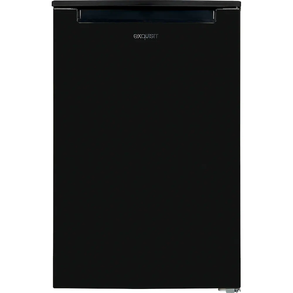 Ein schwarzer Mini-Kühlschrank mit dem Markennamen 'Exquisit' auf der Vorderseite. Er hat einen Griff und ein schlankes, minimalistisches Design.