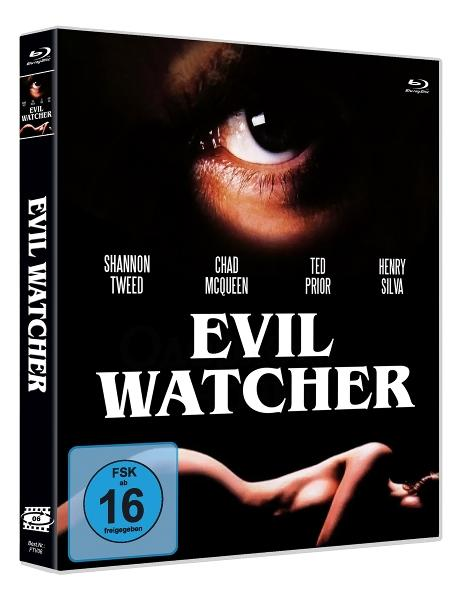 Filmcover: Ein Auge blickt nach unten. Der Titel lautet 'Evil Watcher'. Die Namen der Darsteller sind aufgelistet. Unter dem Titel befindet sich eine nackte Figur.