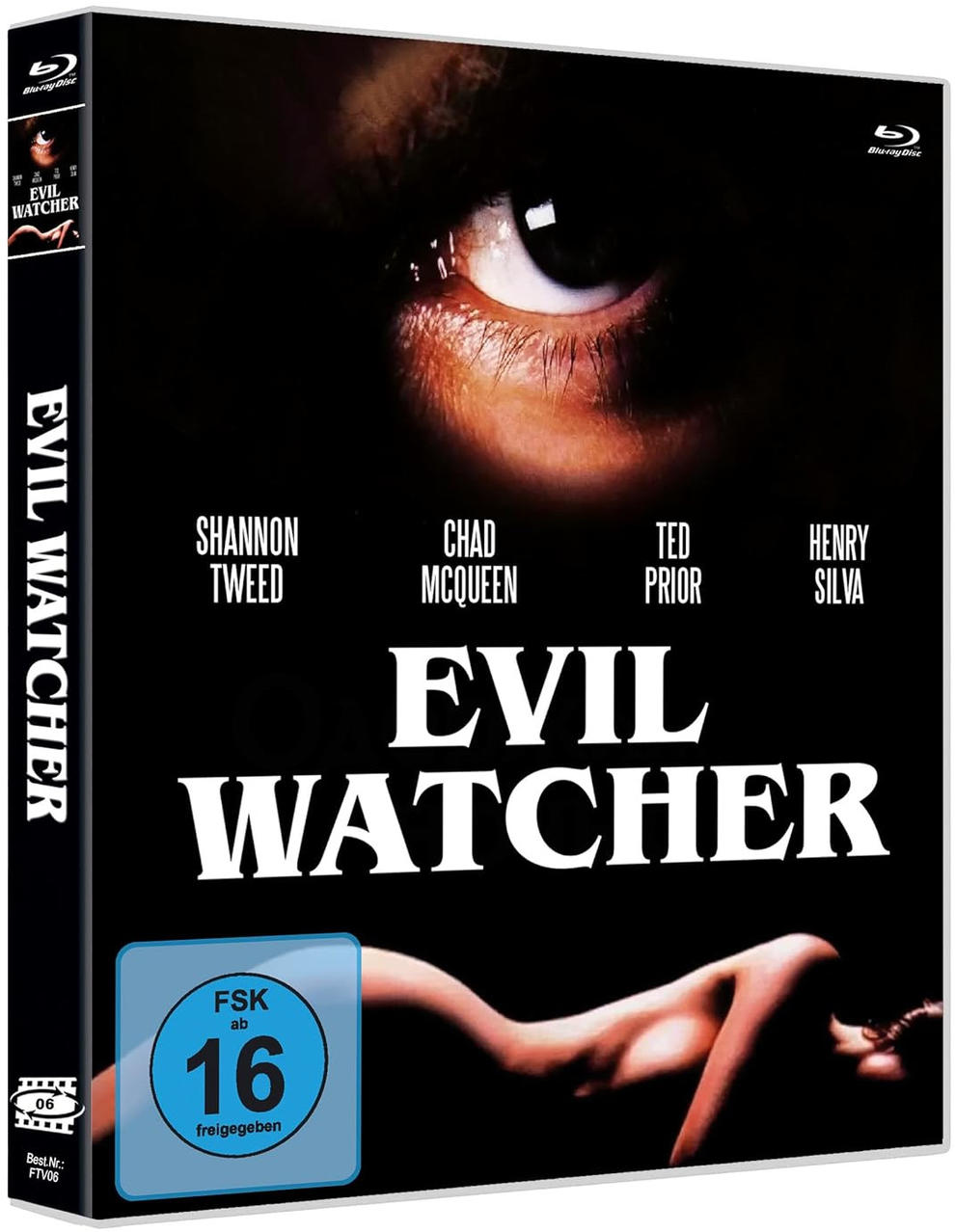 Filmcover. Titel 'Evil Watcher'. Zeigt ein Nahaufnahme eines Auges, Schauspielernamen und ein suggestives Bild einer Frau.