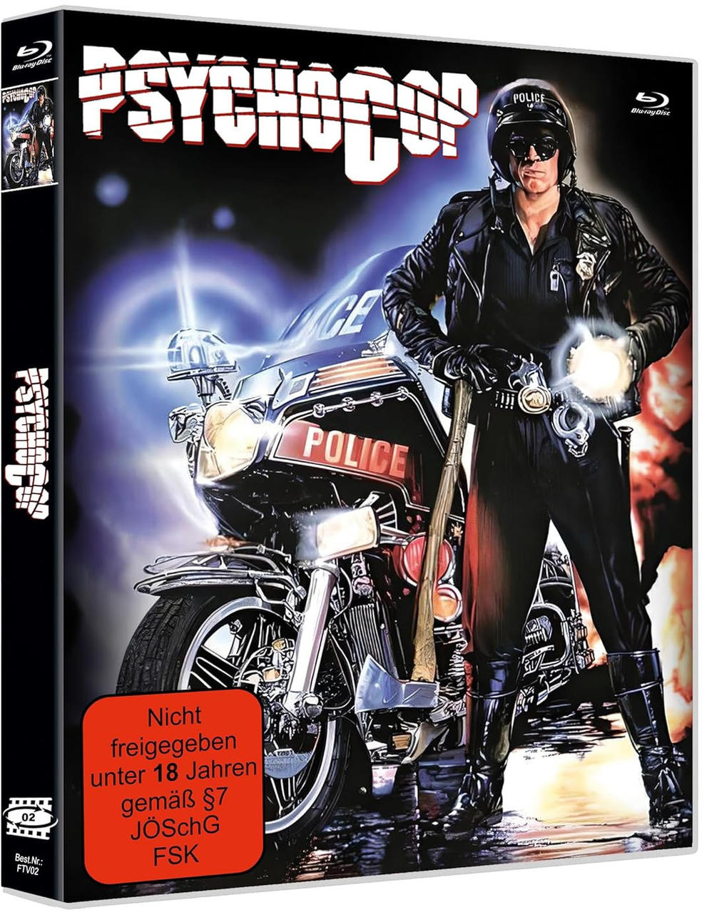 Ein Filmcover zeigt einen Polizisten mit Motorrad. Der Titel lautet PSYCHOCOP. Ein rotes Schild besagt 'Nicht für unter 18 Jahren'.