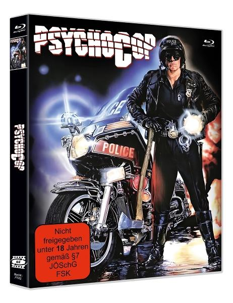 Filmcover. Ein Polizist in schwarzem Leder steht neben einem Polizeimotorrad und hält eine Axt. Der Titel lautet 'PSYCHOCOP'.