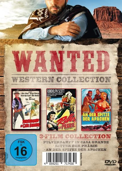 DVD-Cover mit einem Mann im Poncho, Wanted Western Collection-Titel und drei Filmplakaten. Eine Wüstenlandschaft im Hintergrund.