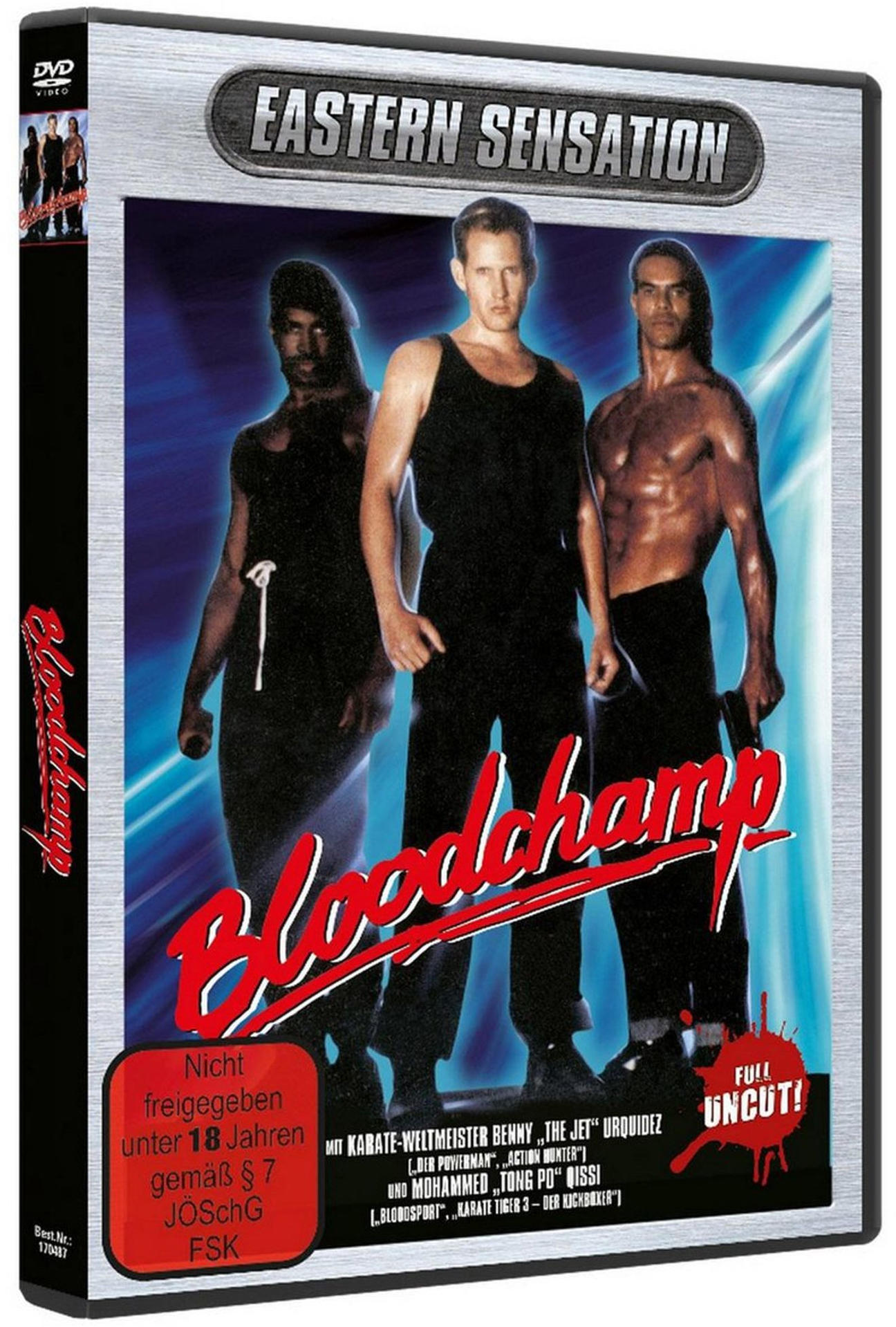 DVD-Cover für den Film 'Bloodchamp'. Drei Männer in schwarzen Outfits. Der Titel ist rot, mit 'Eastern Sensation' oben.