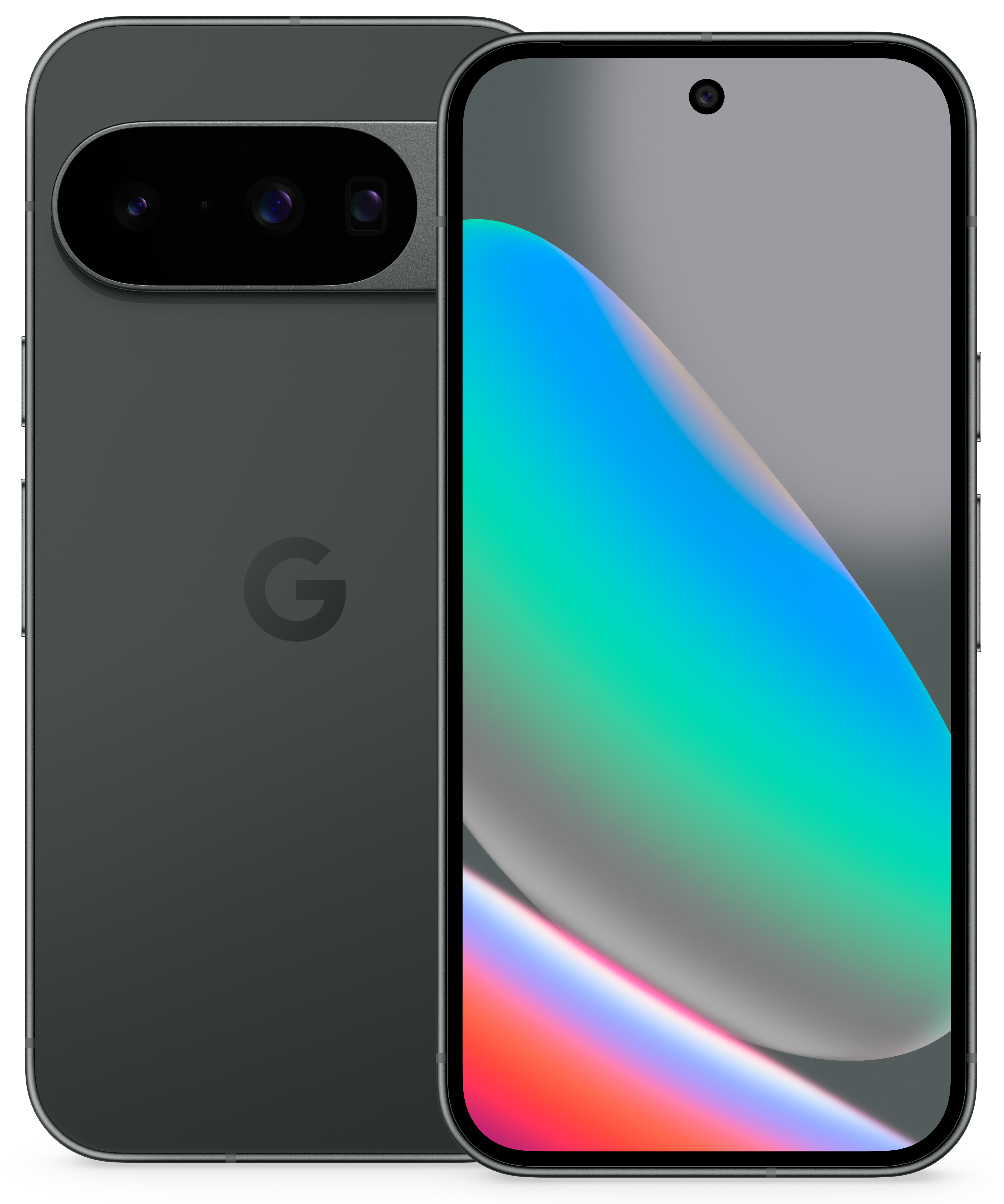 Zwei dunkelgraue Smartphones nebeneinander. Eines zeigt die Rückseite mit Google-Logo und Kameras, das andere ein buntes abstraktes Bild.
