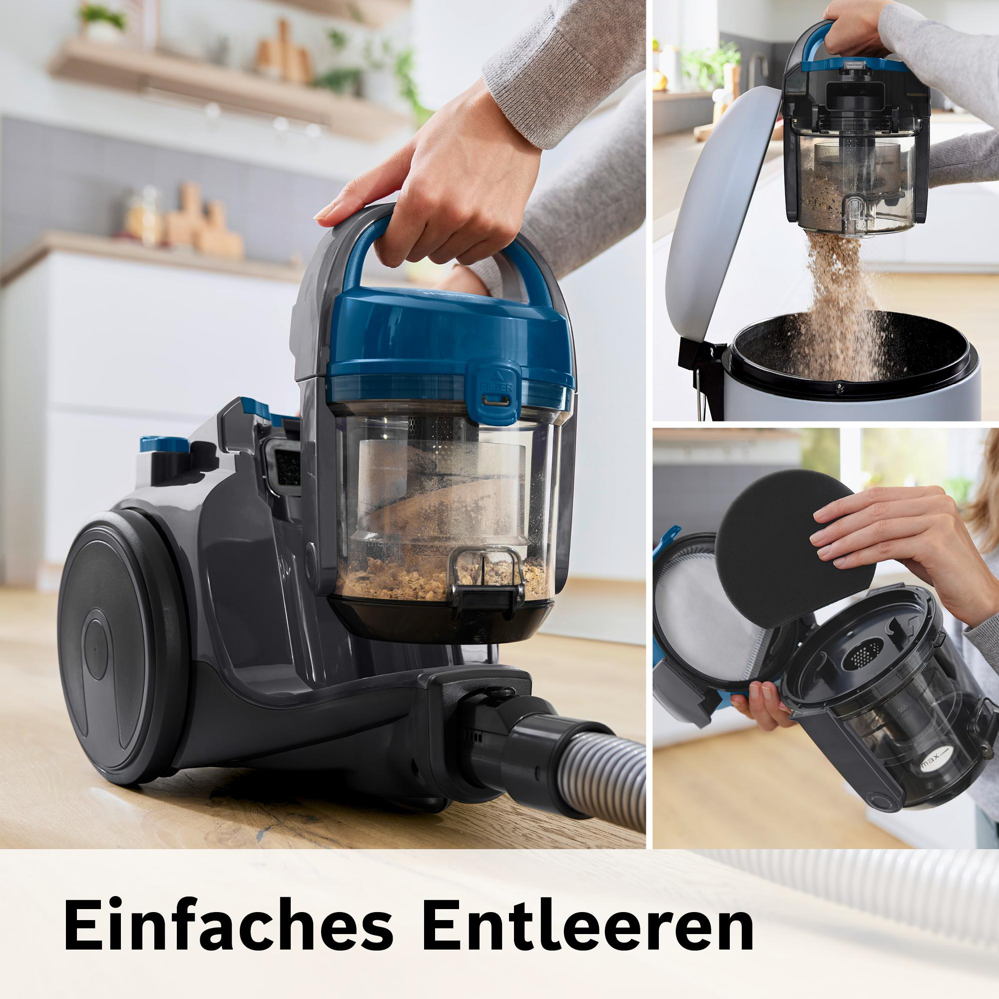 Staubsauger wird entleert. Staubbehälter wird geöffnet und entleert. Der Filter wird zur Reinigung entfernt.