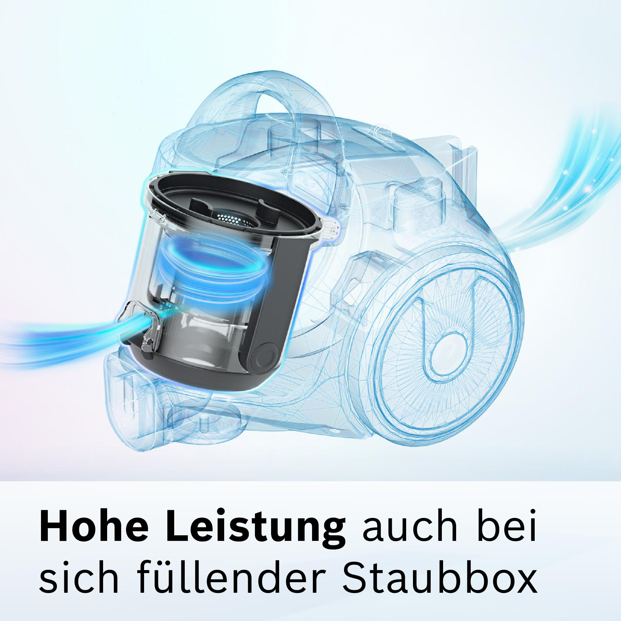 Ein transparenter Staubsauger mit blau hervorgehobenem Staubbehälter. Der Text 'Hohe Leistung auch bei voller Staubbox' wird angezeigt.