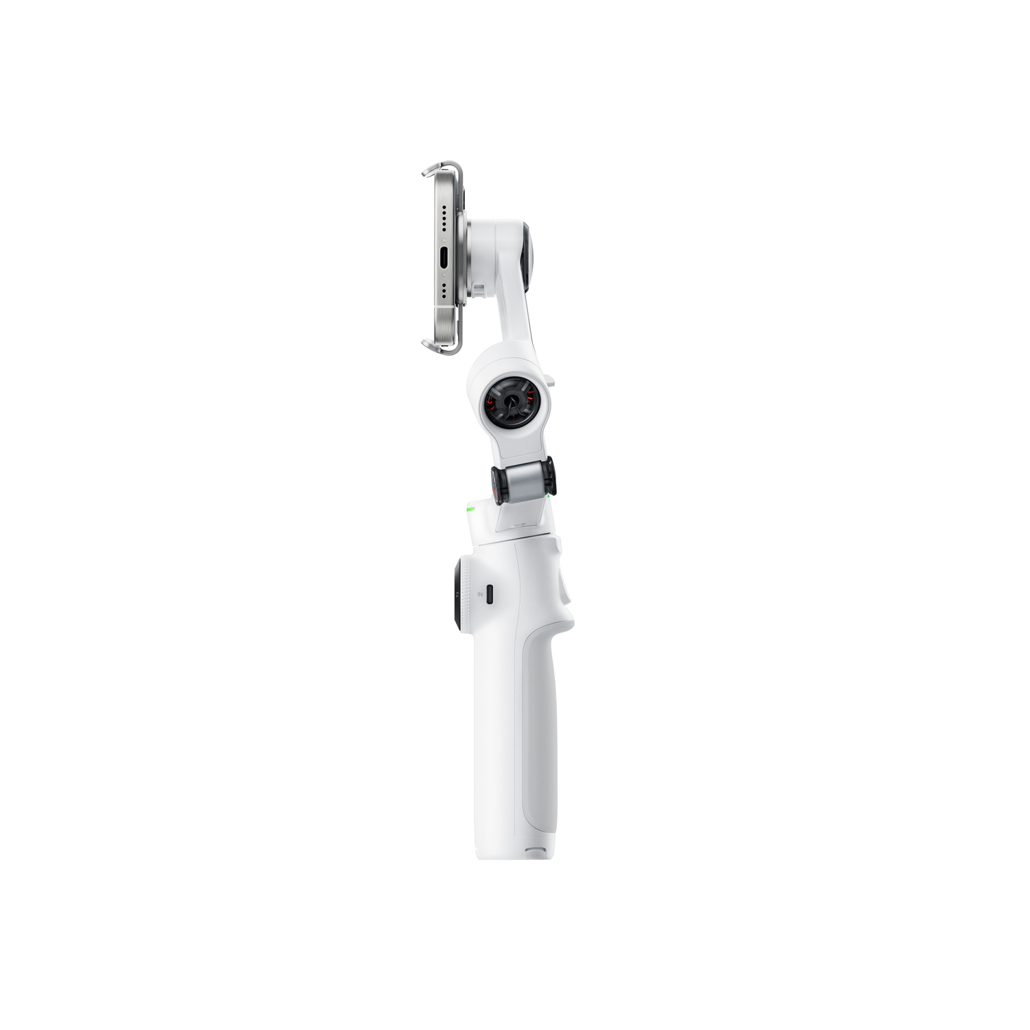 A white smartphone stabilizer is displayed against a white background. A phone is mounted on the top, showing the screen.