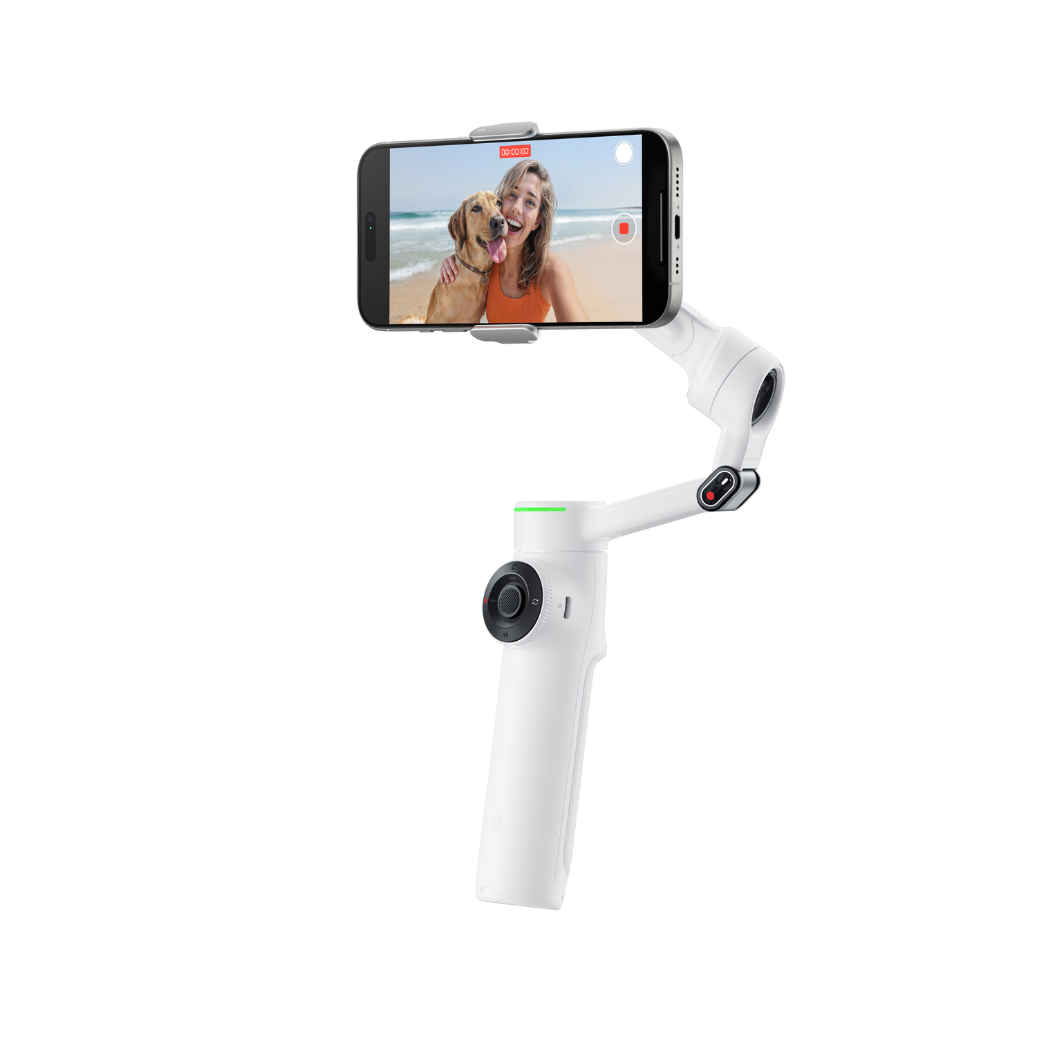 A white phone stabilizer holds a phone displaying a woman and a dog on a beach. The background is white.