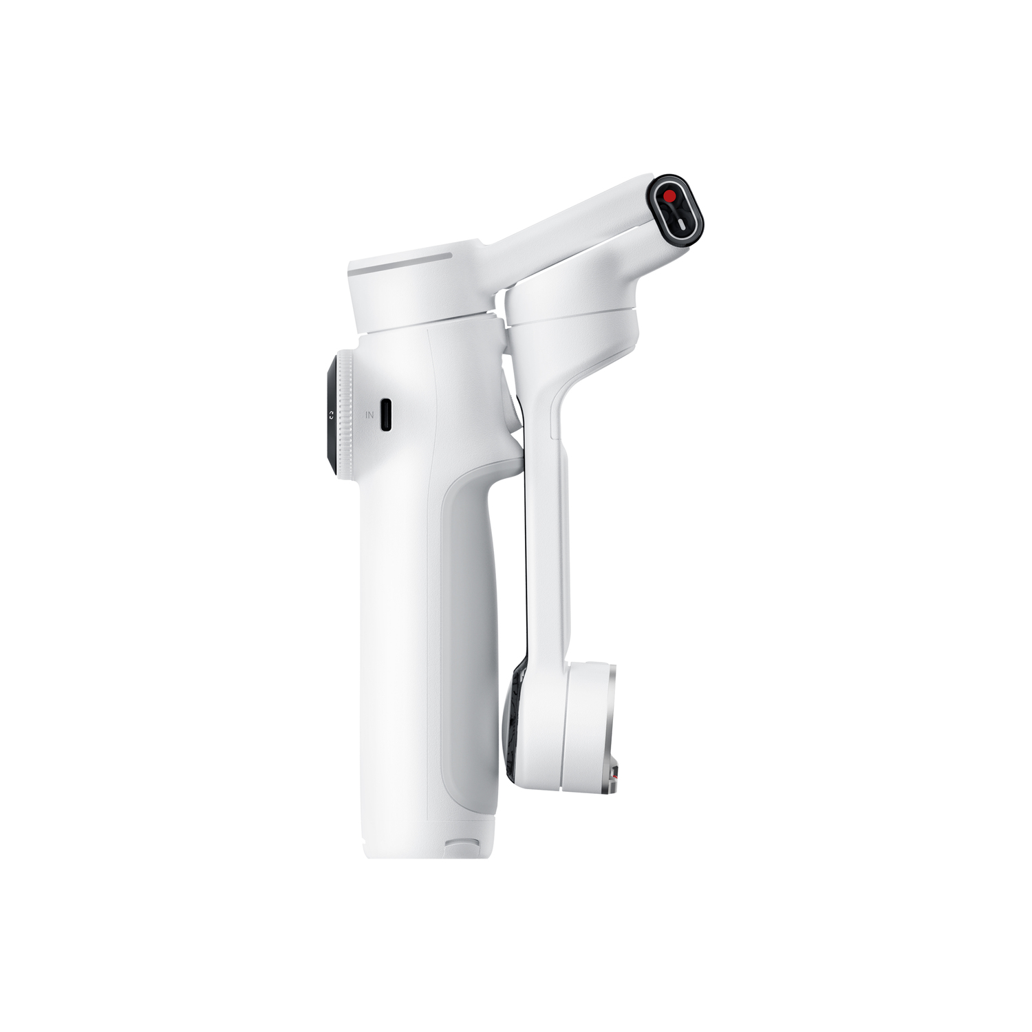A white handheld stabilizer, with a black screen, and a red button on the top. It is on a white background.