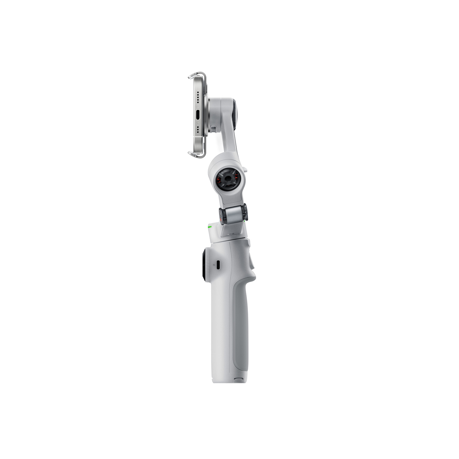 A white smartphone stabilizer, holding a phone. The stabilizer has a handle and multiple joints. The background is white.