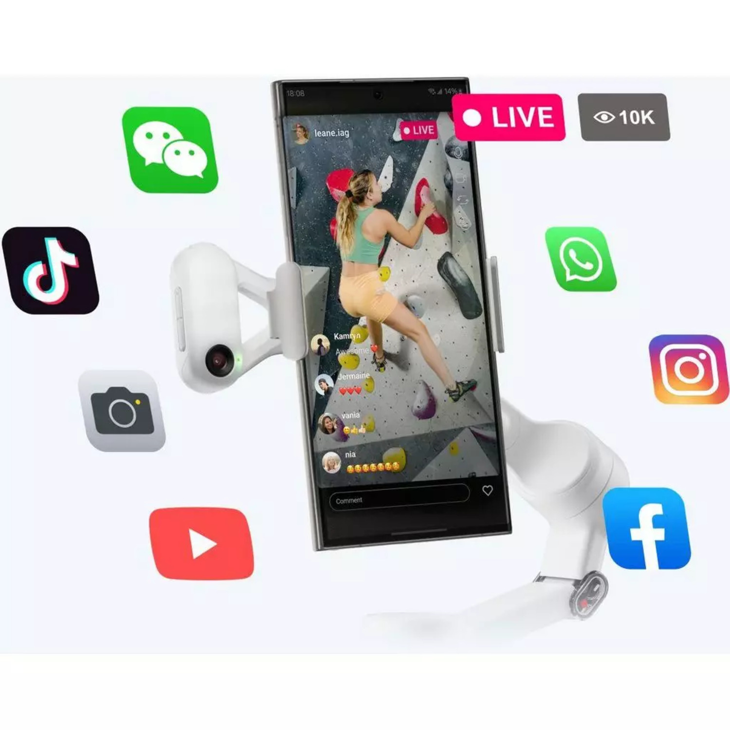 A phone displays a live stream of a woman climbing. Social media icons surround the phone, which is mounted on a white device.