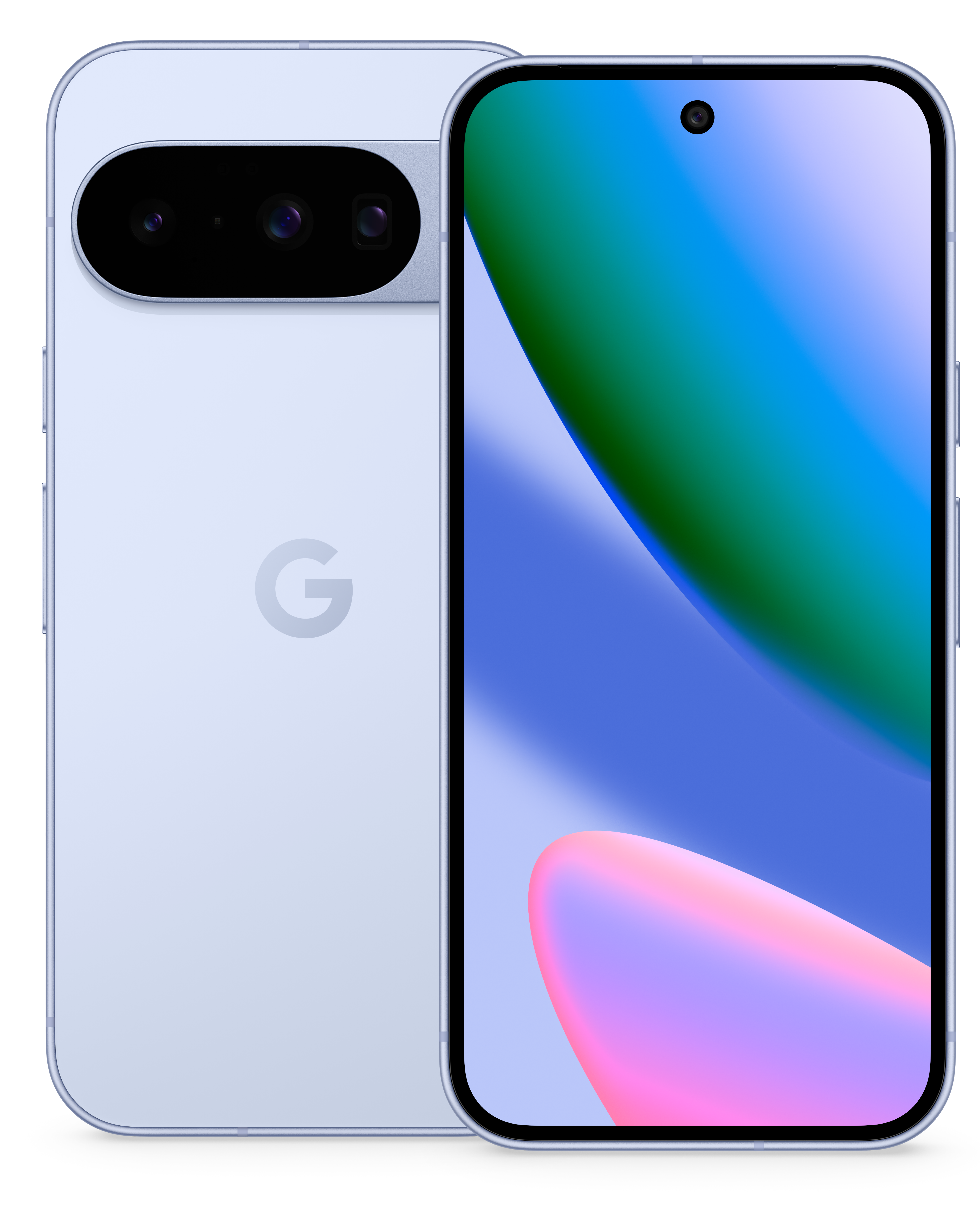 Ein hellblaues Smartphone mit Kameraleiste auf der Rückseite und farbenfrohem Bildschirm. Das Google-Logo ist sichtbar.