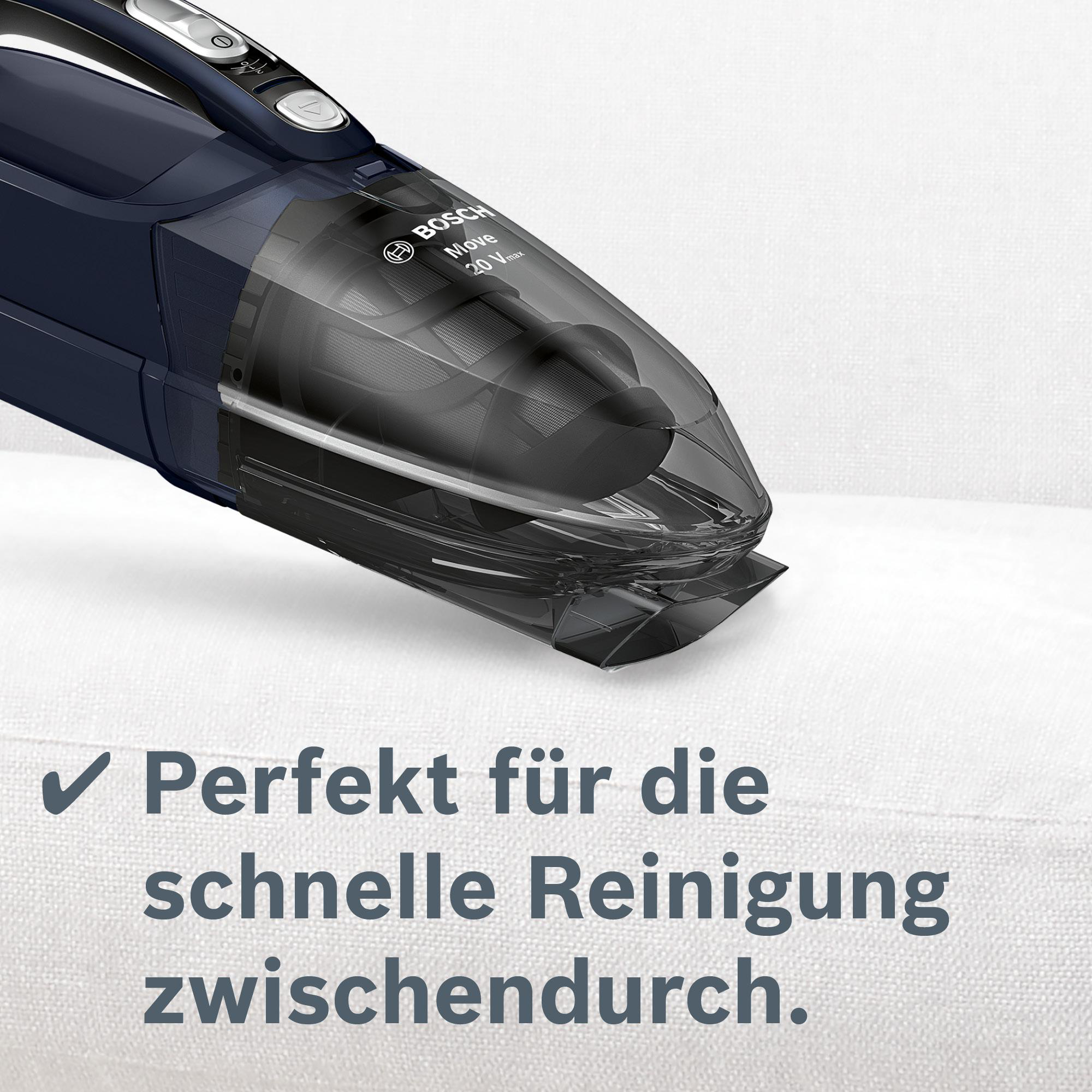 Ein blau-schwarzer Bosch-Staubsauger auf weißem Untergrund. Text auf Deutsch: Perfekt für die schnelle Reinigung zwischendurch.