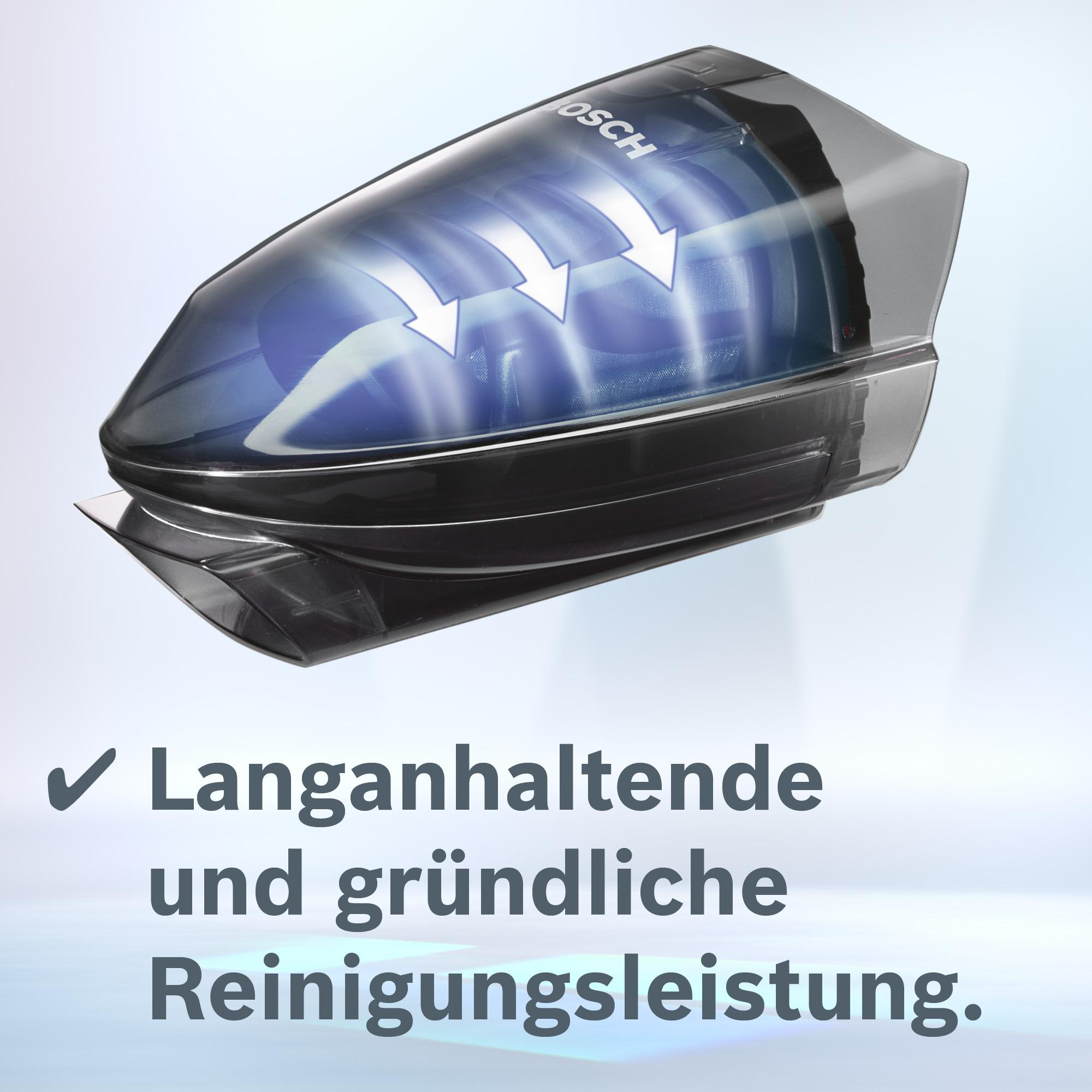 Ein schwarzer und transparenter Staubsauger mit blauem Innenraum und weißen Pfeilen, darunter deutscher Text.