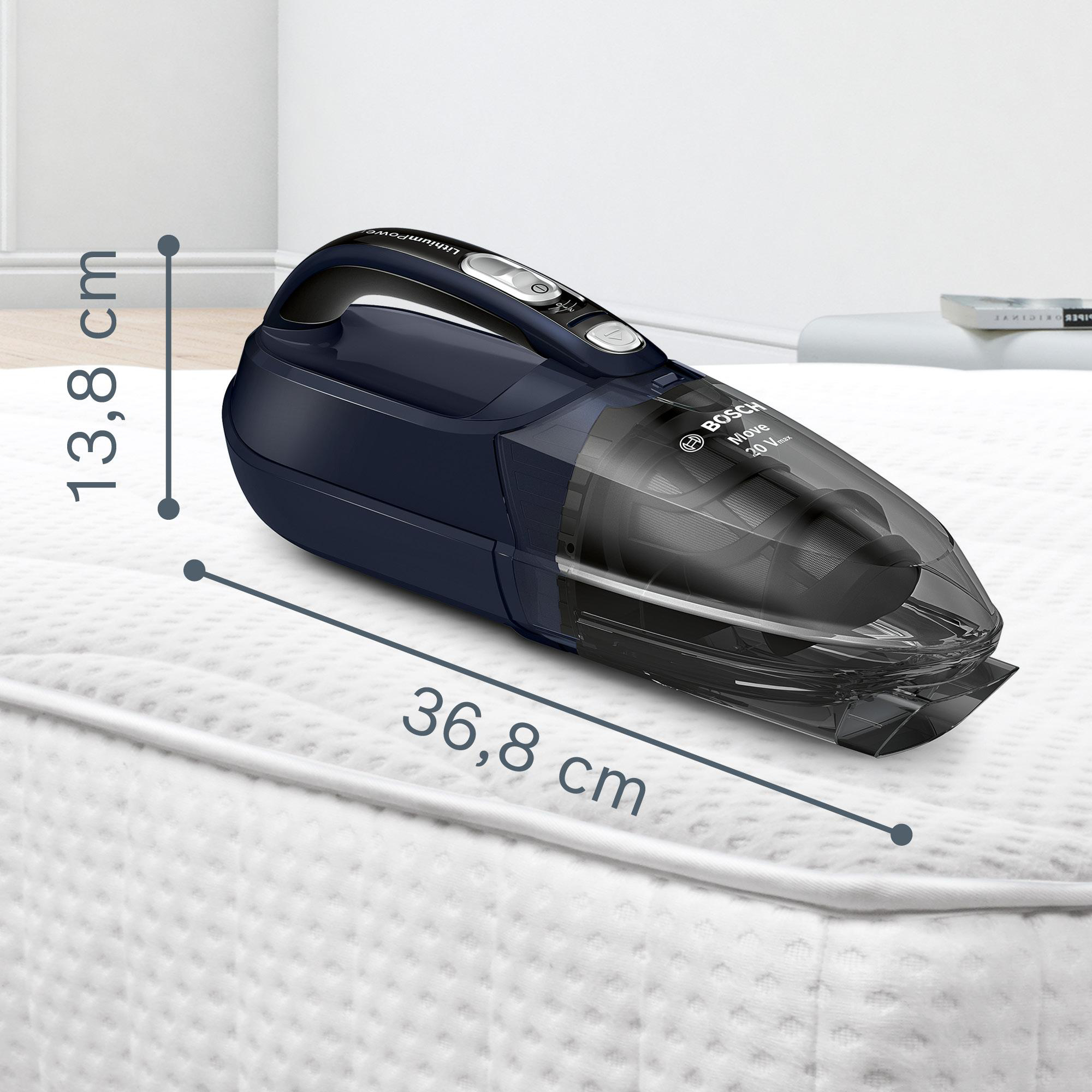 Ein dunkelblauer Bosch Move 20V Max Staubsauger auf einer weißen Oberfläche. Abmessungen: 13,8 cm hoch, 36,8 cm lang.