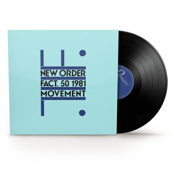 Egy bakelit lemez részben a világoskék borítójában. A borítón a "NEW ORDER FACT. 50 1981 MOVEMENT" felirat látható.