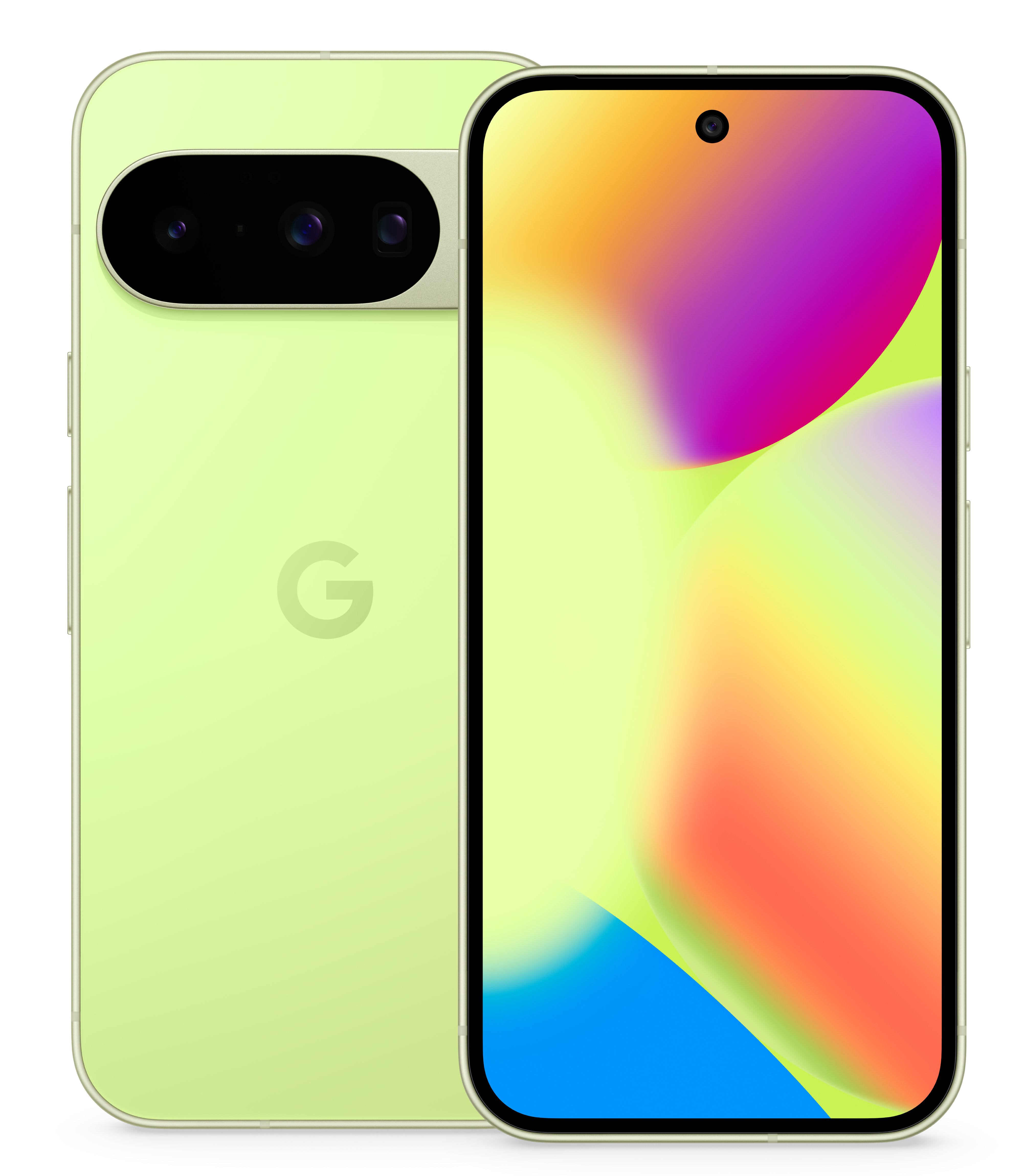 Ein hellgrünes Smartphone mit farbenfrohem Display. Auf der Rückseite befinden sich ein Google-Logo und eine Kameraanordnung. Der Bildschirm zeigt einen verschwommenen Farbverlauf.