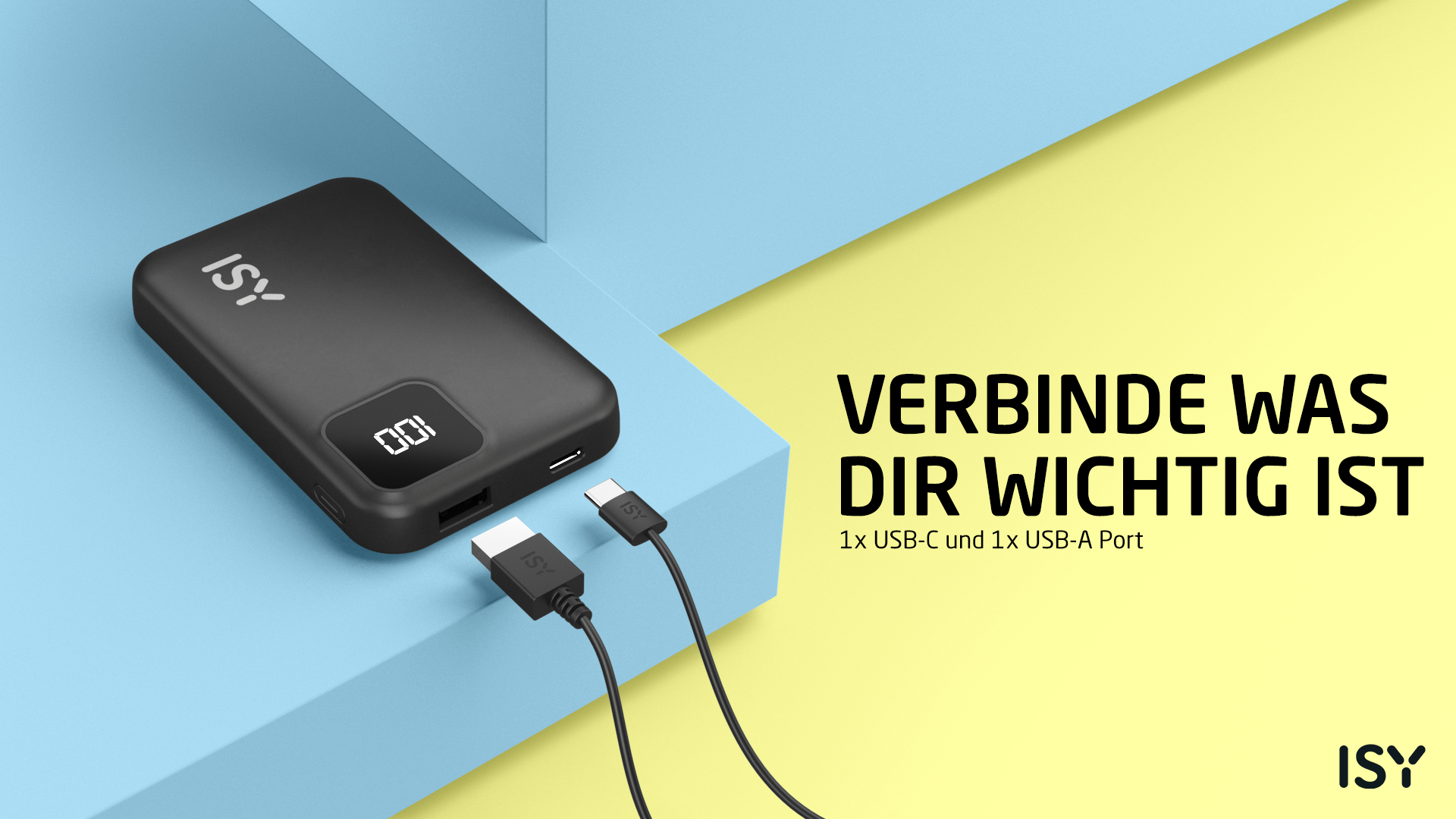 Czarny power bank ISY z kablami, pokazujący 100% naładowania. Tekst: VERBINDE WAS DIR WICHTIG IST. Niebieskie i żółte tło.