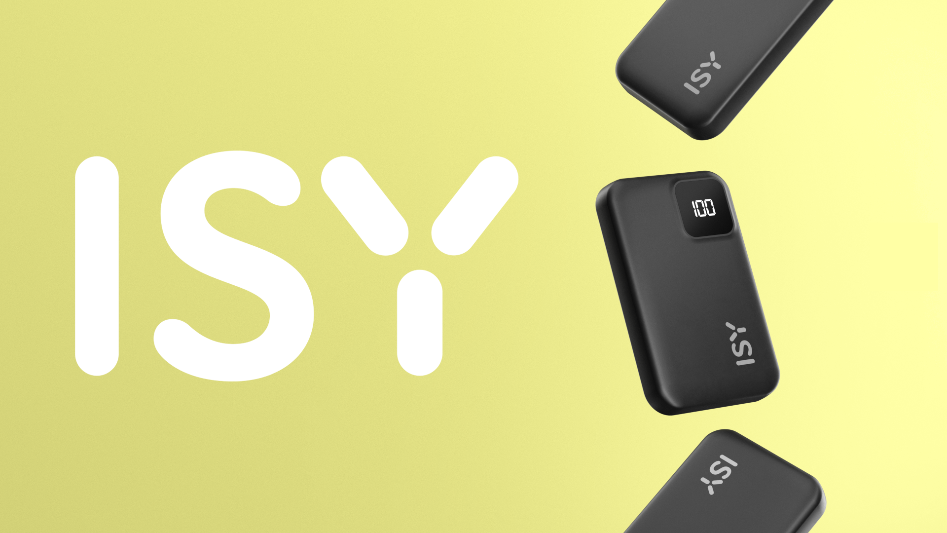Obraz z żółtym tłem i białym napisem "ISY". Czarne power banki z logo ISY są rozrzucone.