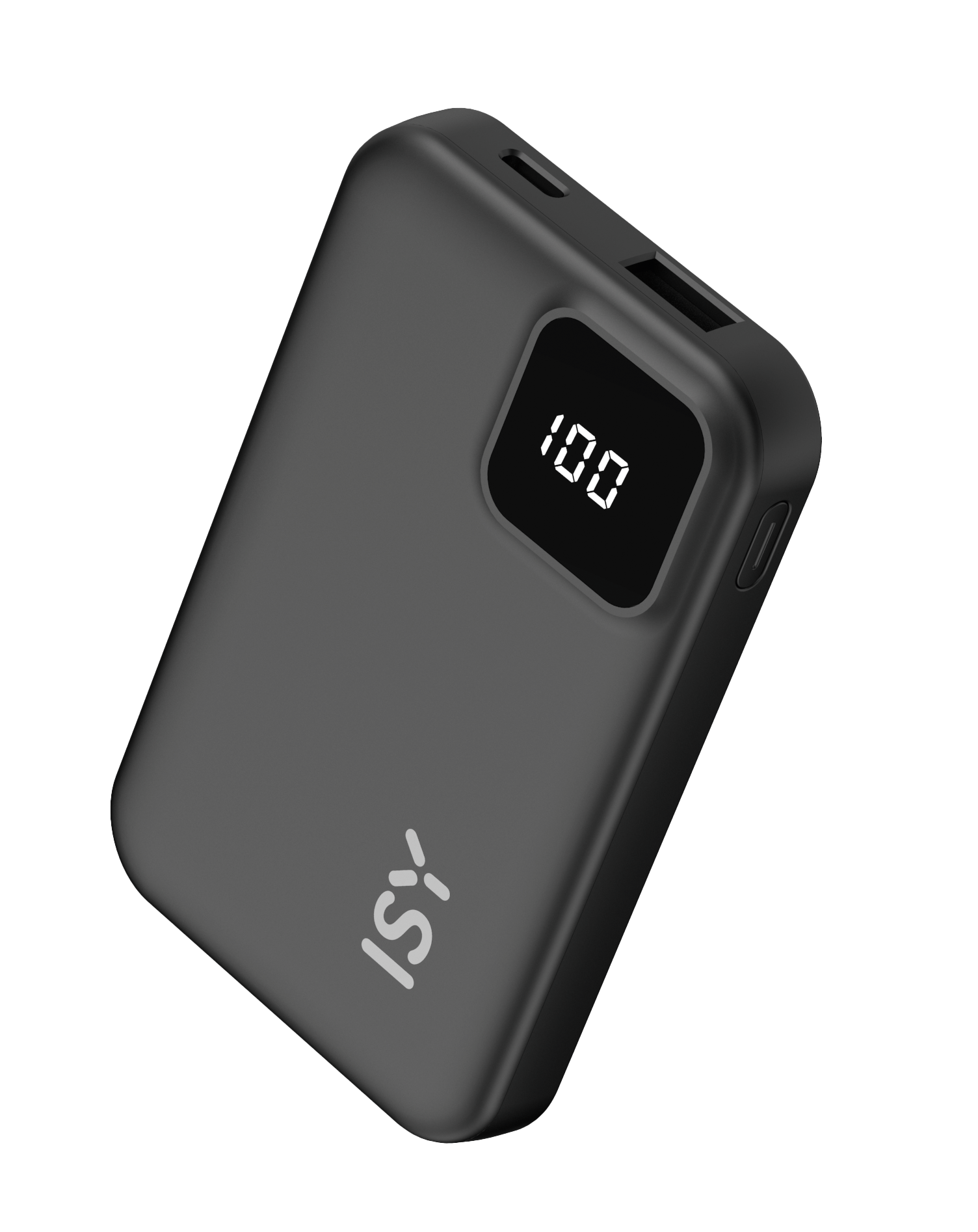 Czarny power bank z cyfrowym wyświetlaczem pokazującym 100. Widoczna nazwa marki 'ISY'. Posiada port ładowania.