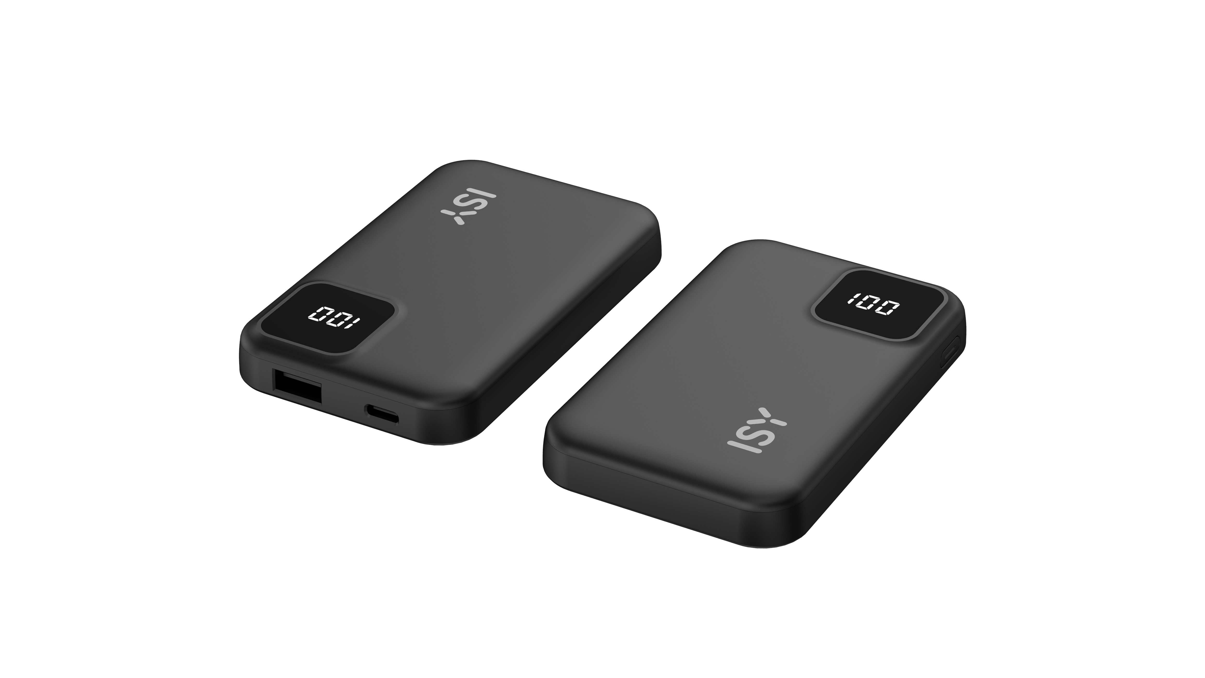Dwa czarne power banki z białymi wyświetlaczami cyfrowymi pokazującymi 100. Oba mają logo ISY. Tło jest białe.