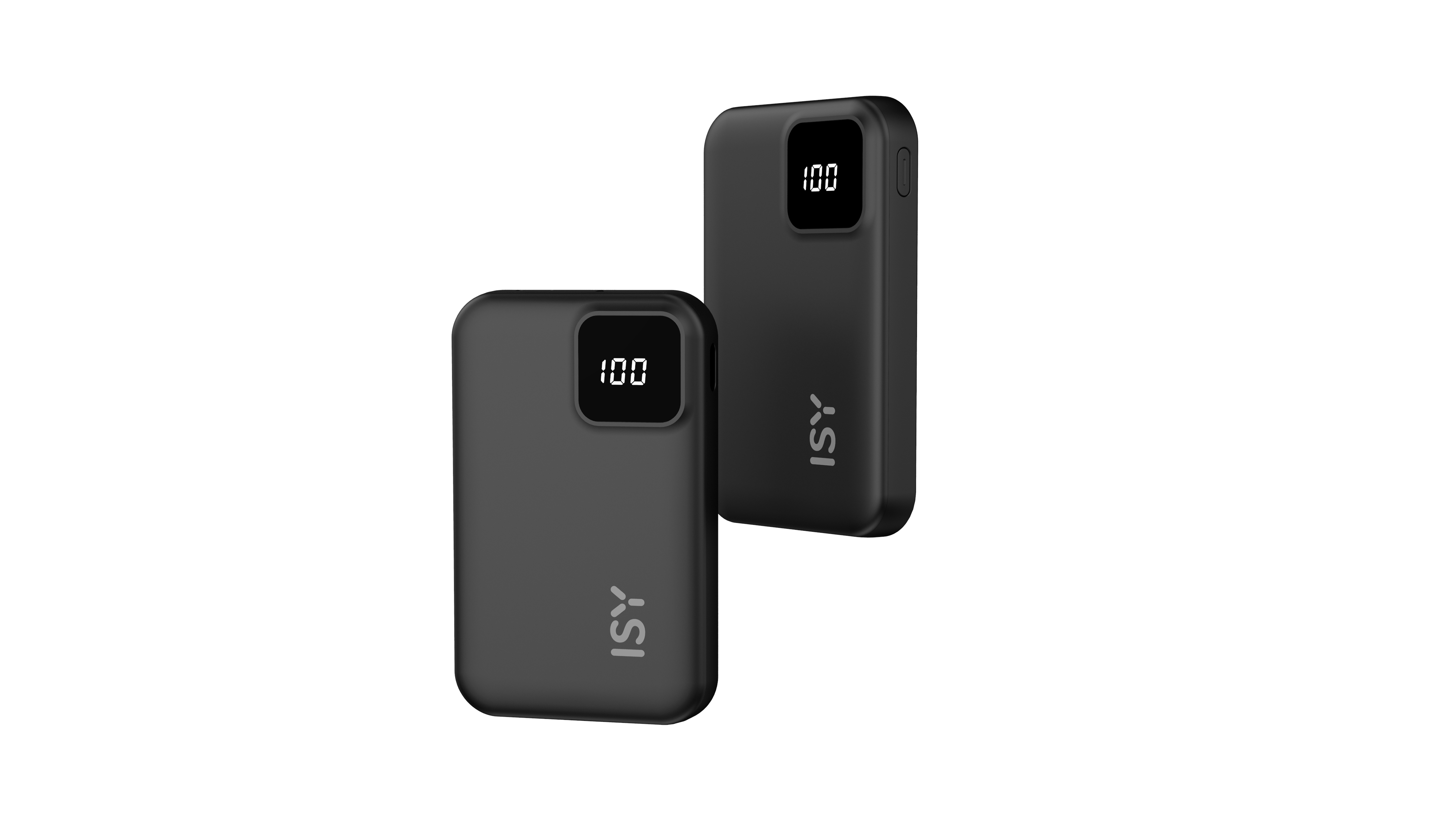 Dwa czarne power banki. Każdy ma wyświetlacz z 100. Marka 'ISY' jest wydrukowana z boku. Białe tło.