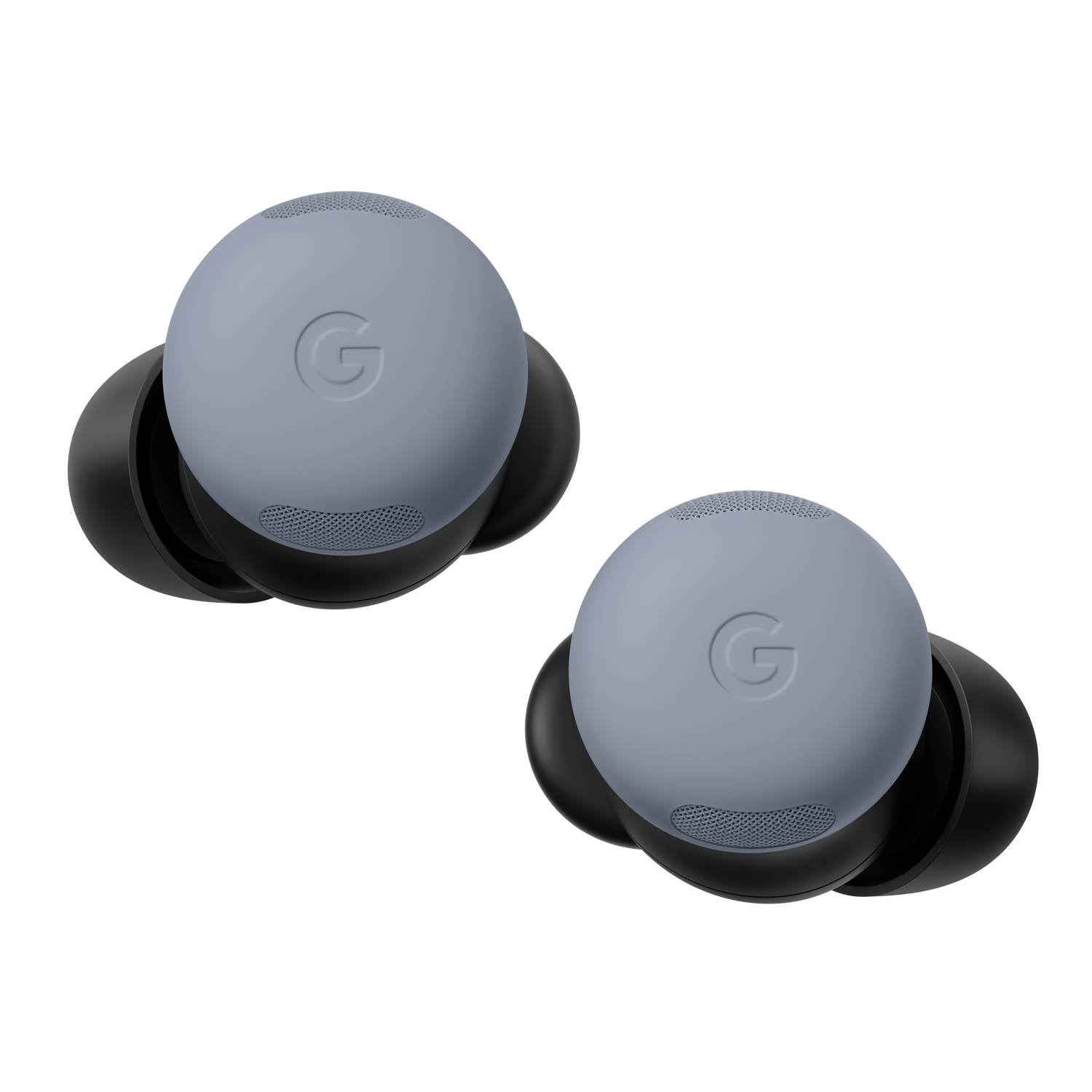 Dos auriculares grises de Google con el logo 'G', sobre un fondo gris. Los auriculares tienen puntas negras y detalles de malla.