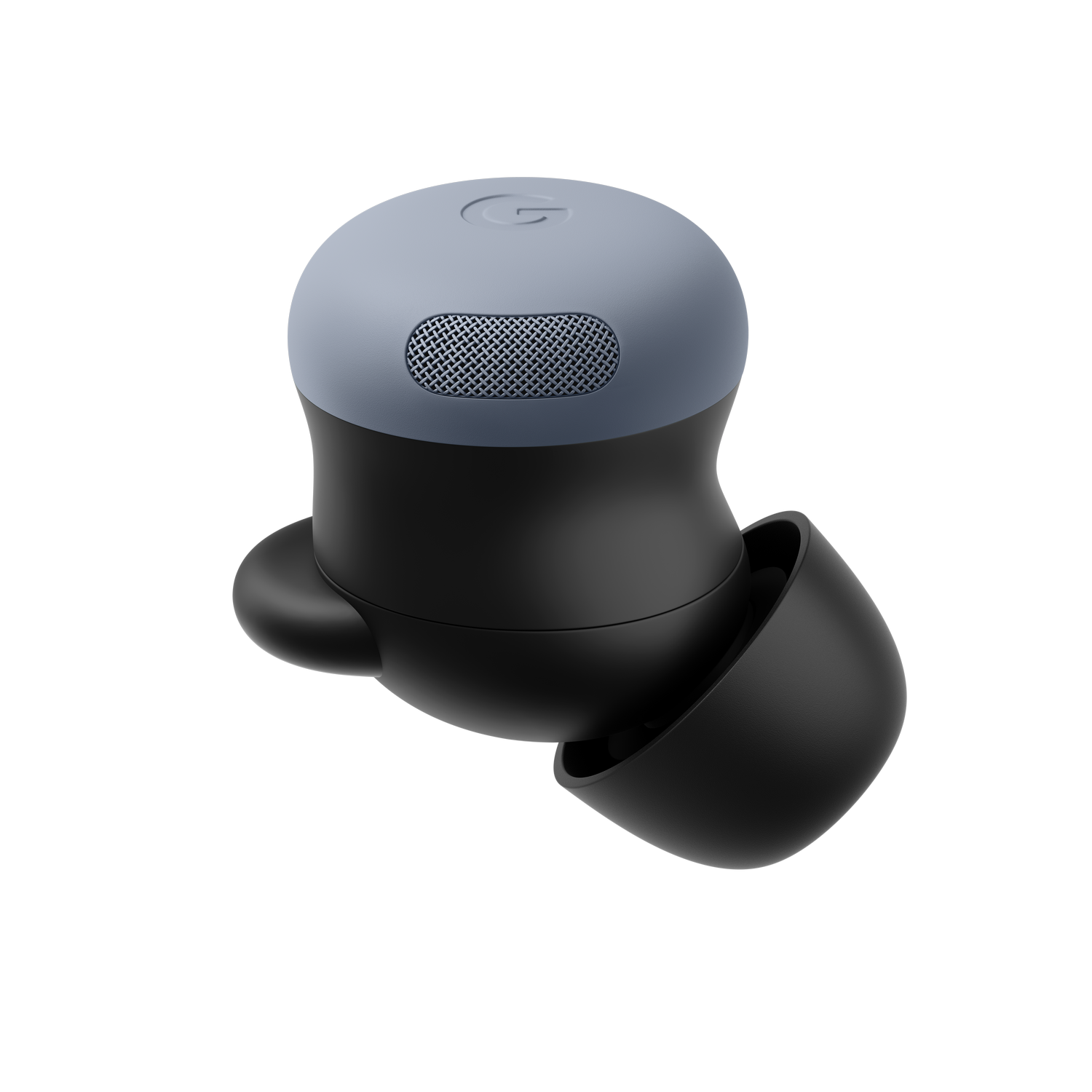 Primer plano de un auricular negro y gris. El auricular tiene una parte superior gris con el logotipo G, un cuerpo negro y una punta para el oído, sobre un fondo gris.