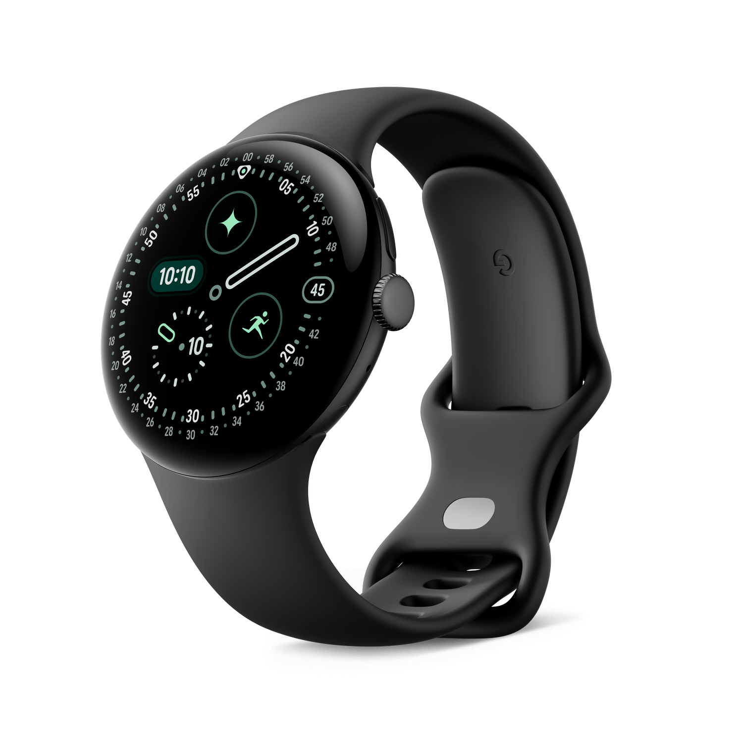 Un reloj inteligente negro con esfera redonda muestra la hora 10:10, iconos de fitness y números. El reloj tiene una correa negra.