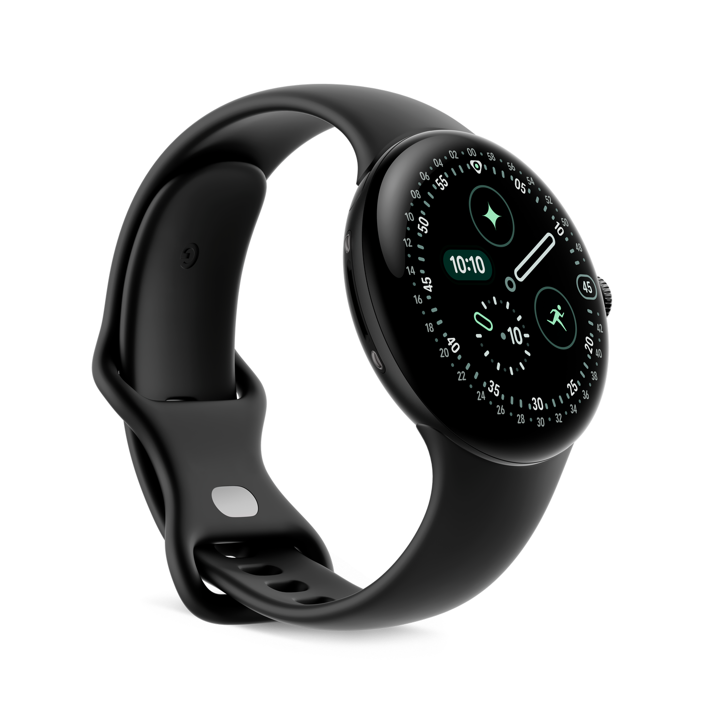 Un reloj inteligente negro con una correa curvada. La esfera muestra la hora 10:10, con indicadores verdes y blancos sobre fondo negro.