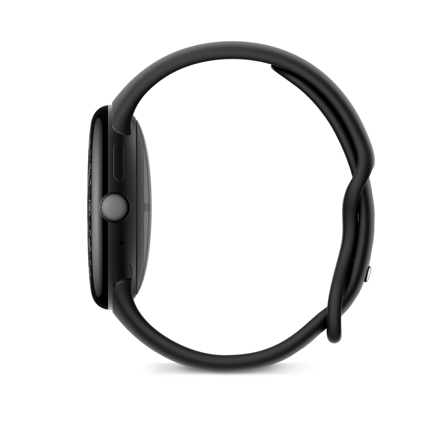 Un reloj inteligente negro sobre un fondo gris, vista lateral. El reloj tiene una correa negra y un botón circular. La pantalla es visible.