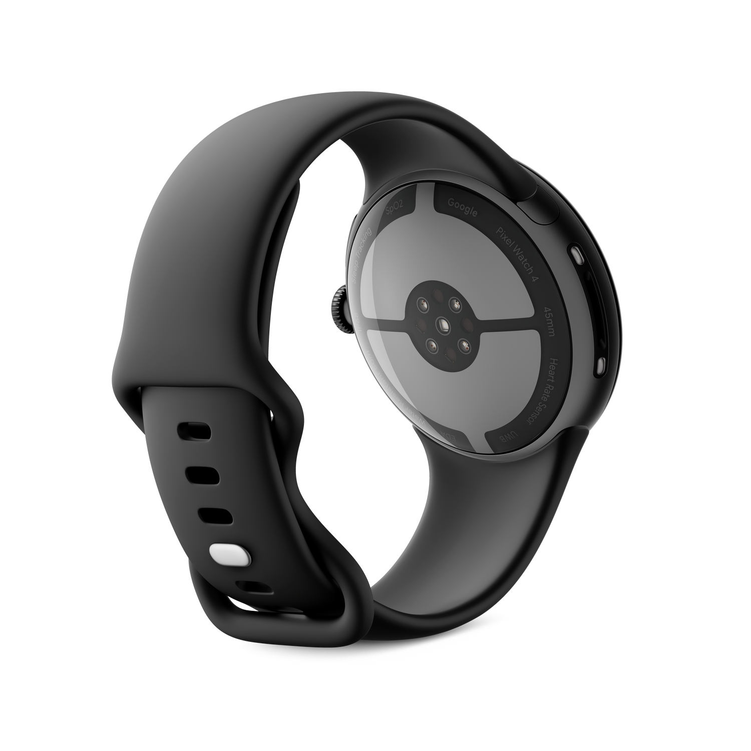 Un Google Pixel Watch 4 negro, vista en ángulo. El reloj muestra la parte inferior con sensores y una correa negra curva.