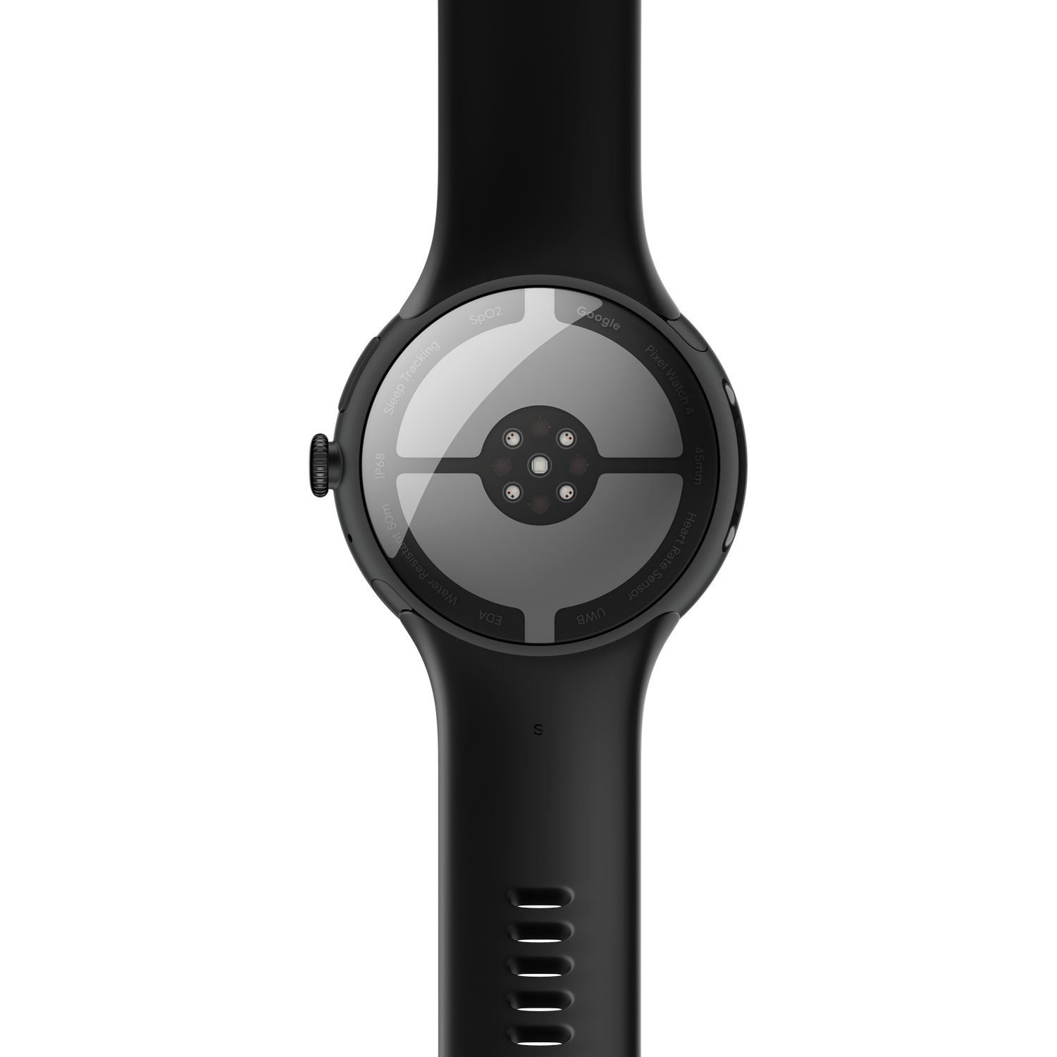 Vista trasera del Google Pixel Watch 4 negro, mostrando sensores, correa y detalles del dial, incluyendo SpO2 y sensor de frecuencia cardíaca.