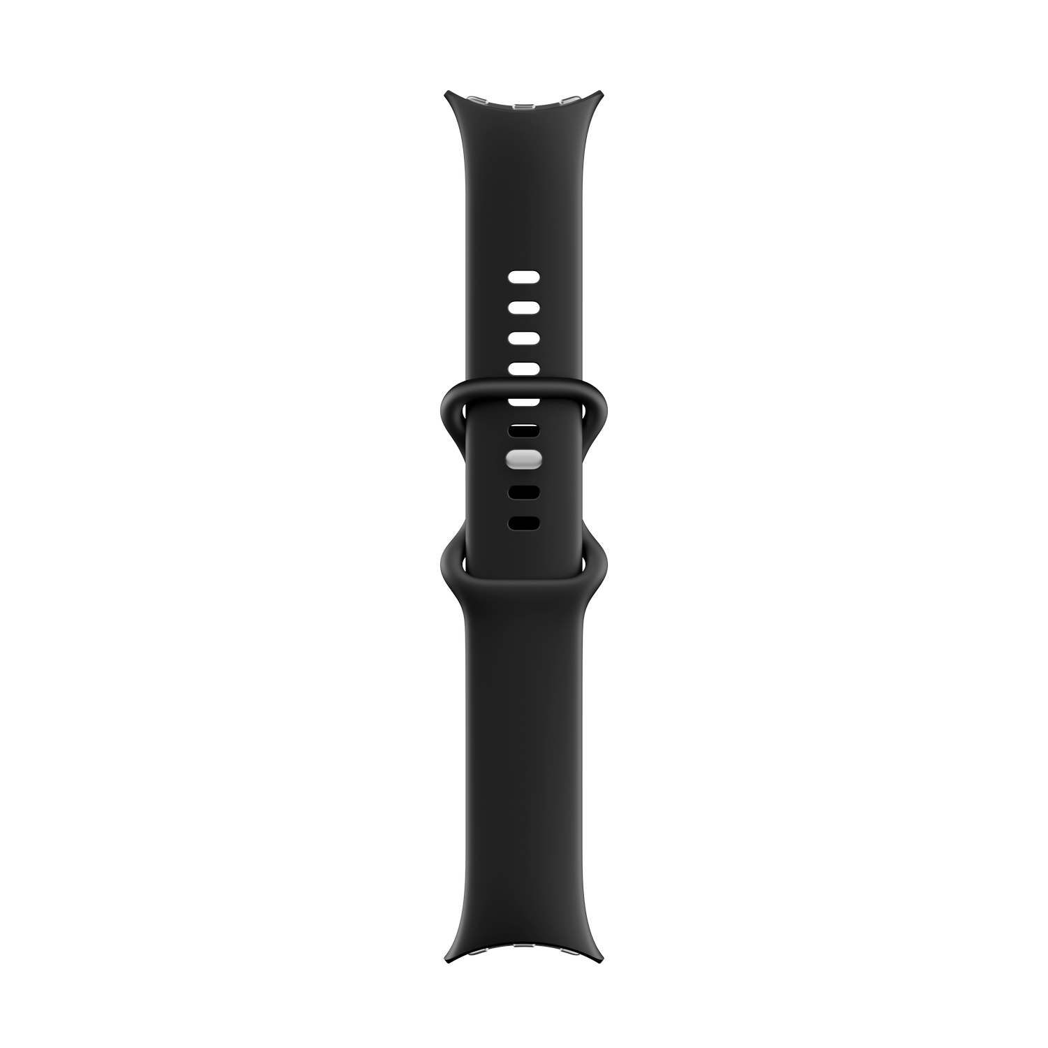 Se muestra una correa de reloj negra con cierre. La correa está hecha de material liso. Está sobre un fondo gris.