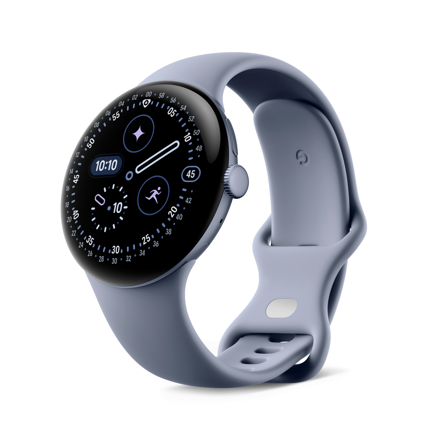 Eine hellblaue Smartwatch zeigt 10:10 an. Die Uhr hat einen schwarzen Bildschirm mit weißen Zahlen und einem Icon eines laufenden Mannes.
