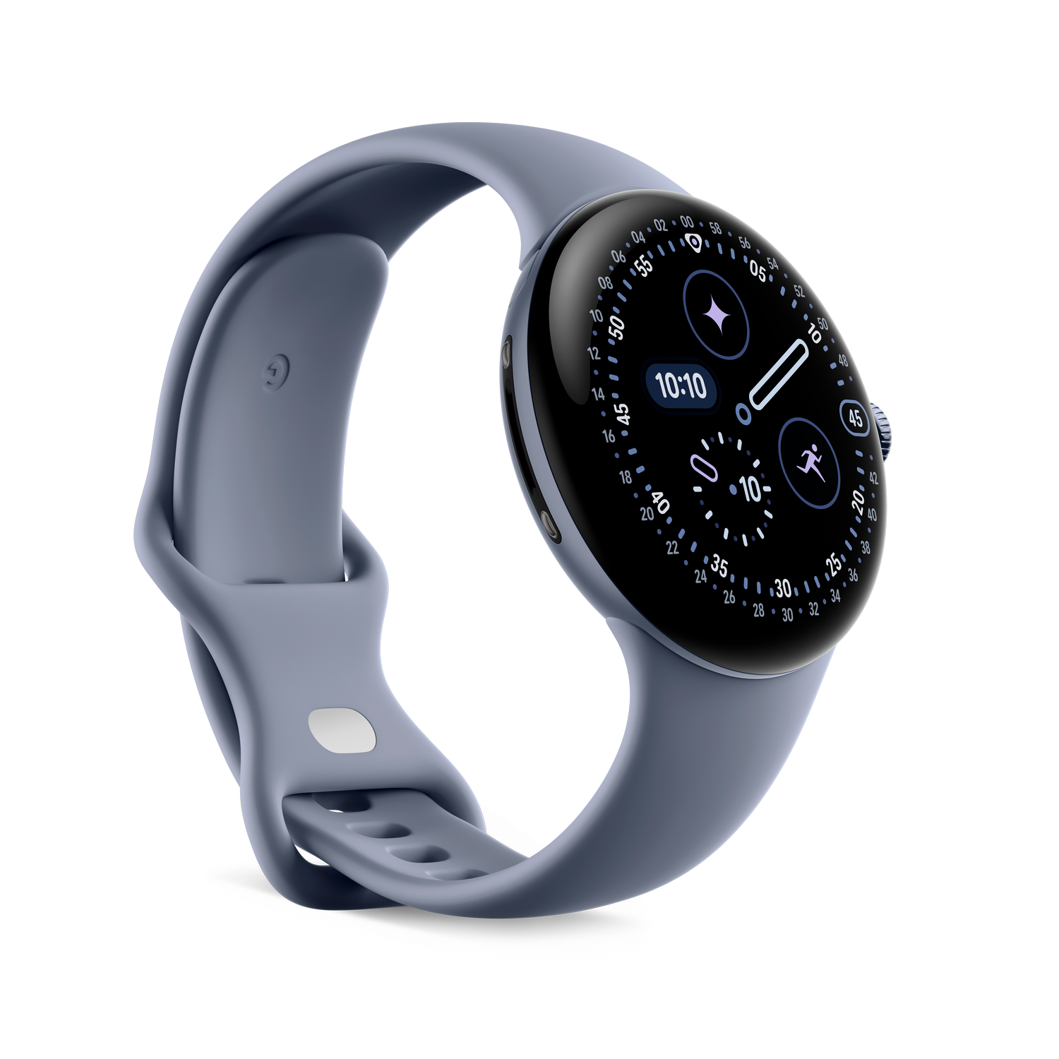 Eine blaue Smartwatch mit gebogenem Bildschirm zeigt Zeit und andere Informationen an. Die Uhr befindet sich auf grauem Hintergrund. Das Armband ist ebenfalls blau.