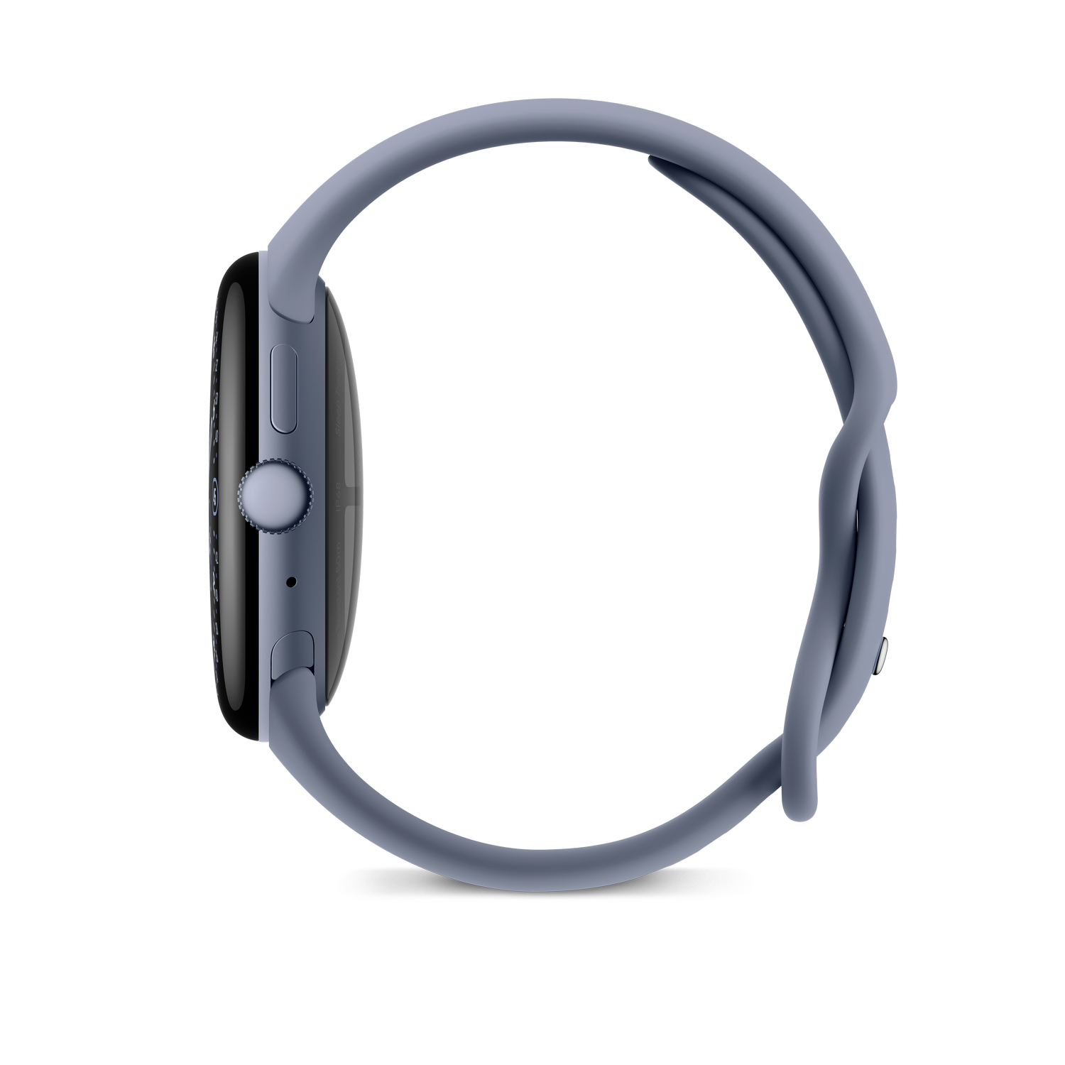 Eine hellblaue Smartwatch wird im Profil gezeigt. Das Uhrenarmband bildet eine Schlaufe. Das Zifferblatt ist schwarz mit einem silbernen Knopf an der Seite.
