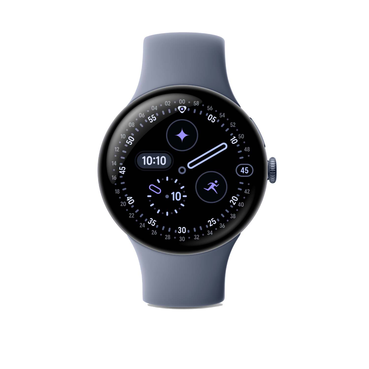 Eine blaue Smartwatch zeigt die Uhrzeit 10:10 Uhr an. Sie hat ein rundes Zifferblatt mit Minutenmarkierungen und Aktivitätssymbolen.