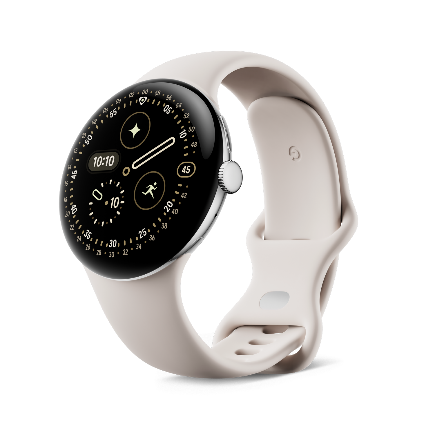 Eine Smartwatch mit schwarzem Bildschirm, der die Zeit anzeigt, umgeben von einem hellfarbigen Armband. Die Uhr befindet sich auf grauem Hintergrund.