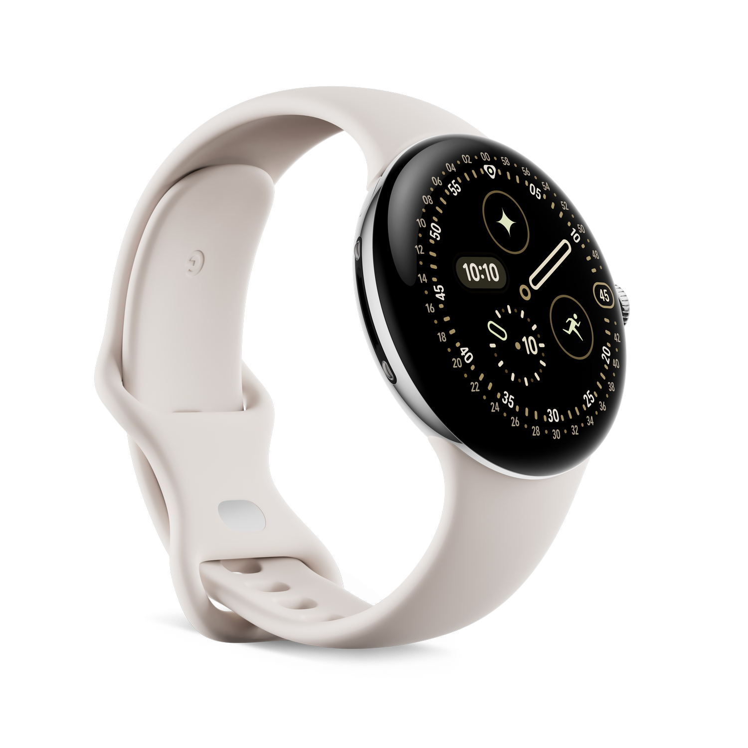 Eine Smartwatch mit hellfarbenem Armband und schwarzem Display, das die Uhrzeit anzeigt. Der Hintergrund ist ein grauer Farbverlauf.